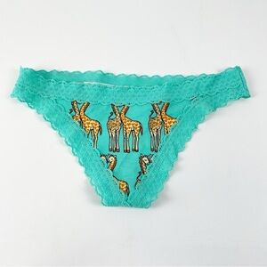 NEW MeUndies Thong Womens Green Giraffes Size XS Lace Trim NWOT
